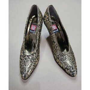 Vintage Anne Klein Black/Gold Brocade W/ Velvet Heel Sz 7 1/2 Narrow Pump Shoe